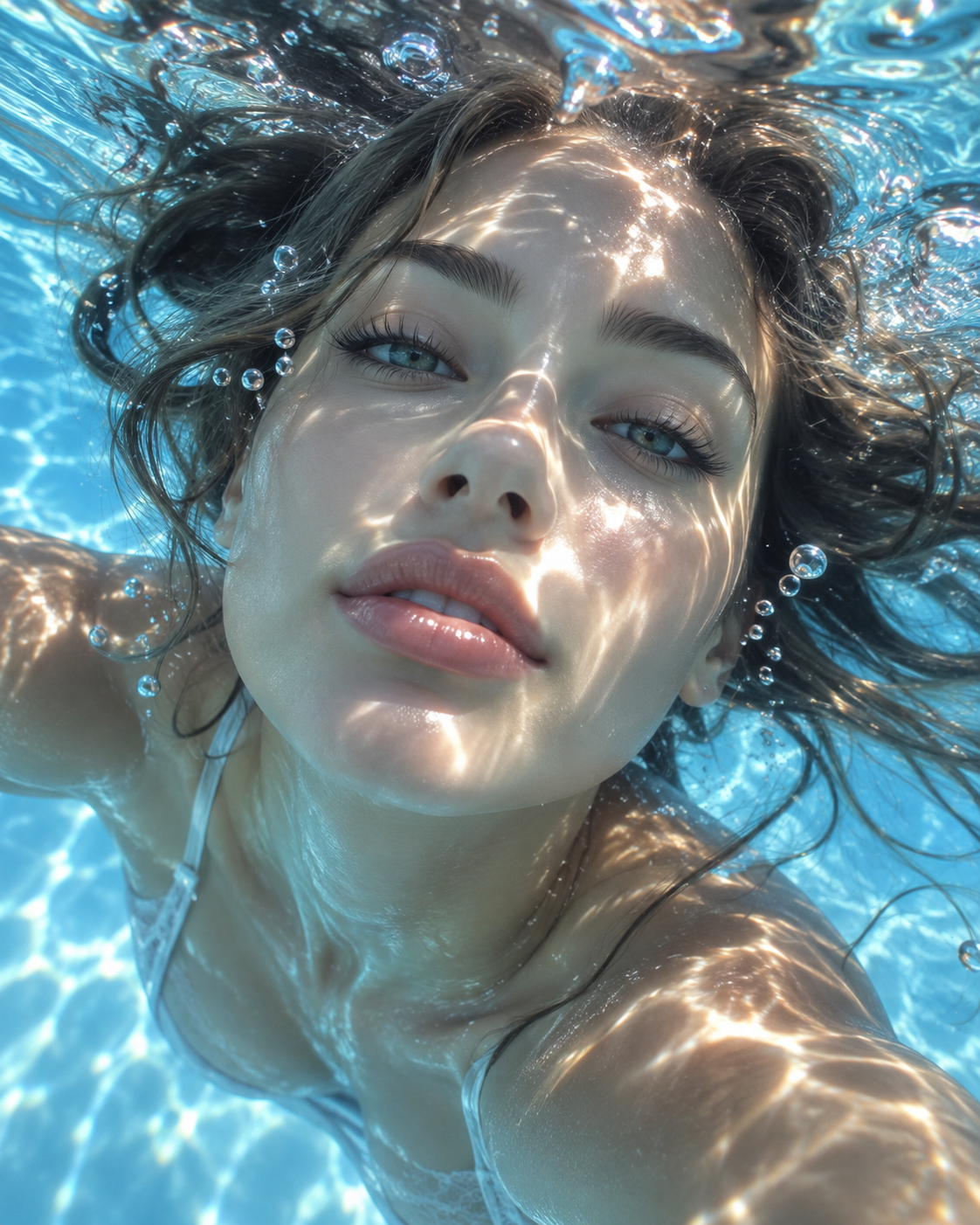 AI-styled underwater portrait of a girl
